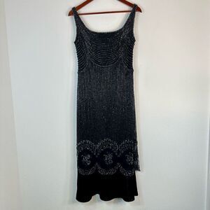 Vintage B’zar Black Sequin Beaded Midi Dress Womens 12 90’s Fairy Flapper Glam